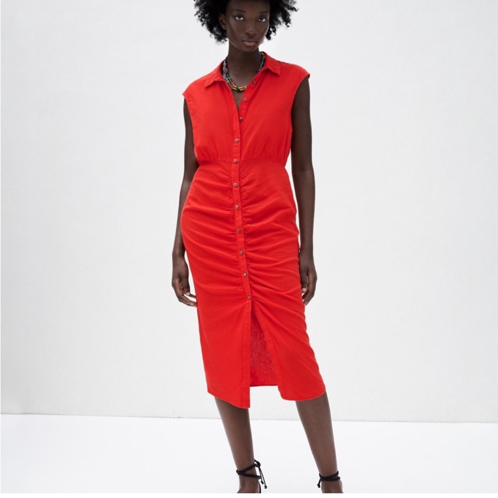 🎉SALE🎉NWT Zara Linen Blend Distressed Ruched Red Button-Down Midi Dress